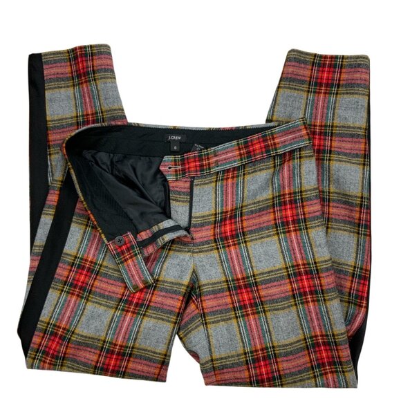 J. Crew Glasgow Wool Pant 0 Red Gray Plaid Tuxedo Stripe Lined Cropped Academia - Picture 4 of 14